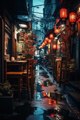 An empty narrow street with lights and traditional decor in Kyoto, Japan