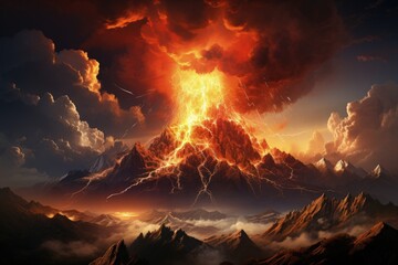 Erupting volcano spews fiery ash into the sky