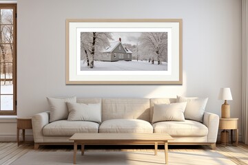 Photo frame of a winter cabin with interior home decor
