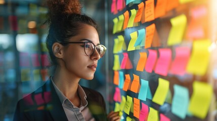 A woman standing in front of a wall full of colorful sticky notes. Young woman working in office and use post it notes to share idea. Communicating together in creative office. Brainstorming concept. - obrazy, fototapety, plakaty