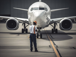 A ground crew member guiding an aircraft into its parking spot