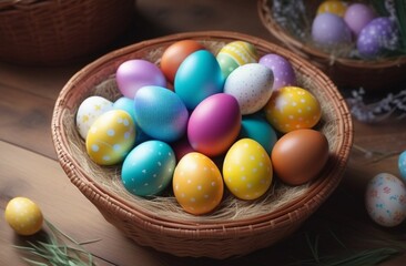Fototapeta na wymiar Close up of colorful Easter eggs in a basket