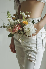 White jeans of a girl with flowers in her pockets.