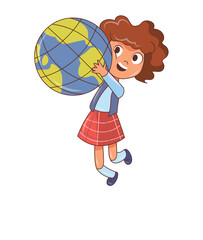 Student of colorful school set. A little girl carries a huge globe to geography class to learn and explore the world. Vector illustration.