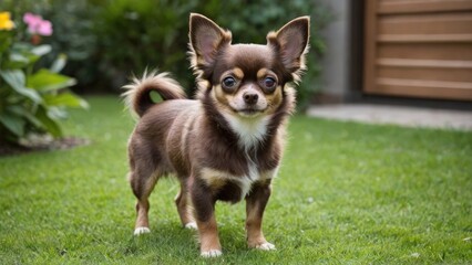 Chocolate long coat chihuahua dog in the garden