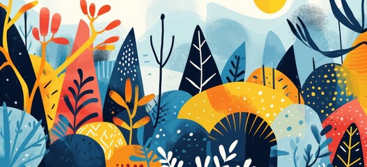 Colorful abstract forest landscape illustration. Creative artistic background.