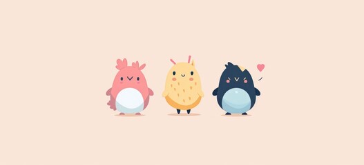 Cartoon illustration of adorable chicken characters with hearts. Children's illustration and design.