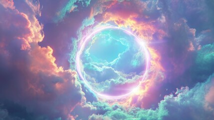 Surreal portal in the sky surrounded by vibrant clouds, ideal for sci-fi or fantasy themes. - obrazy, fototapety, plakaty