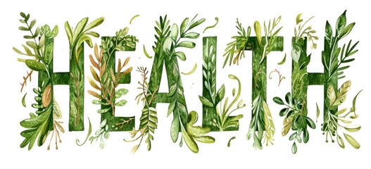 Botanical lettering of word HEALTH with green leaves and herbs. Wellness and natural medicine. - obrazy, fototapety, plakaty