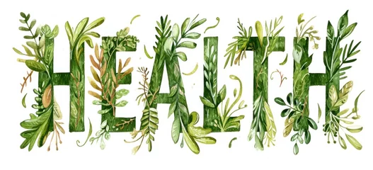Fotobehang Botanical lettering of word HEALTH with green leaves and herbs. Wellness and natural medicine. © Postproduction