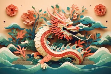 Layered chinese zodiac dragon paper cut craft with ocean waves and clouds, colorful paper creation for chinese new year 2024