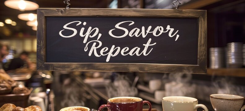 Chalkboard sign in cafe with inspirational quote above coffee cups. Hospitality and motivation.
