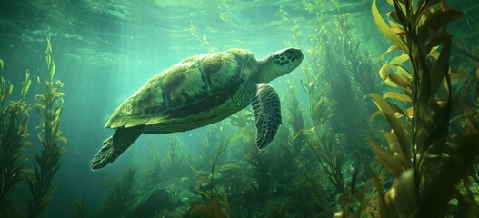 Sea turtle swimming gracefully among seaweed underwater. Marine life and ecosystem.