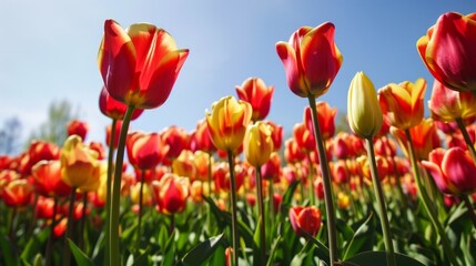 Vibrant Field of Red and Yellow Tulips Beneath a Clear Blue Sky