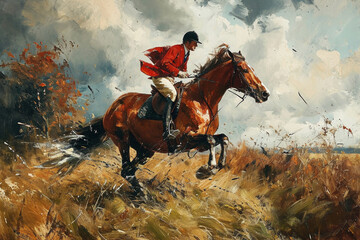 Oil Painting Style of An equestrian on a galloping horse during a foxhunt, depicting the speed and tradition of the sport in a rural setting.