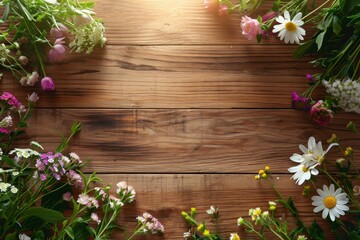 Spring flowering branch on wooden background. 