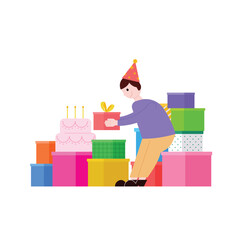 Boy preparing a birthday party with gifts(presents) and cake.