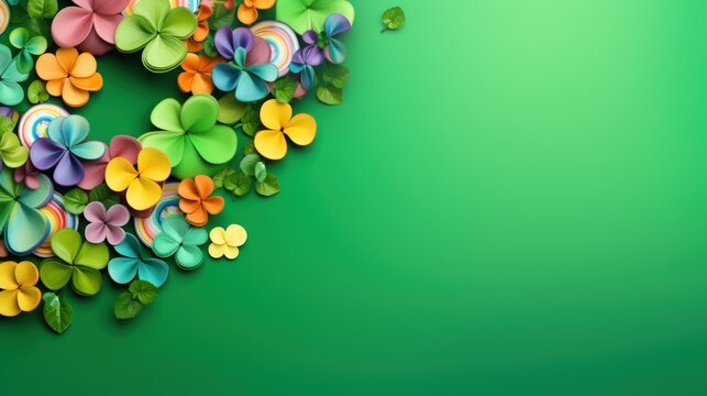 Happy Saint Patrick's Day template background, green and gold shamrocks clover. AI generated image