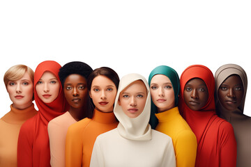 Multinational young girls in a raw looking at camera isolated in white background, Global people diversity concept, Christians' and Muslims religions concept art, lady in hijab cosmetics advertising