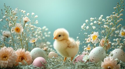 cute easter yellow fluffy chick surrounded by an array of beautiful flowers and Easter eggs against a soft turquoise background. festive and spring-like atmosphere, holiday season. digital art - obrazy, fototapety, plakaty