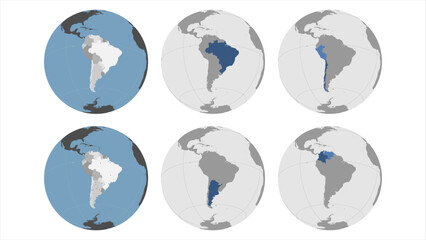 Round Globe Vector Map with South American Countries (plus some Caribbean) highlighted and Major Cities optionally mapped (see bottom left). Any country / country combinations could be highlighted.