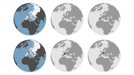 Round Globe Vector Map with European Countries highlighted (with Russia, Turkey) and Major Cities optionally mapped (see bottom left). Any country/country combinations could be highlighted. Europe Map