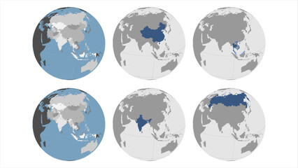 Round Globe Vector Map with Asian Countries highlighted (with Russia), Australia and Major Cities optionally pointed (see bottom left). Any country/country combinations could be highlighted. Asia Map - obrazy, fototapety, plakaty