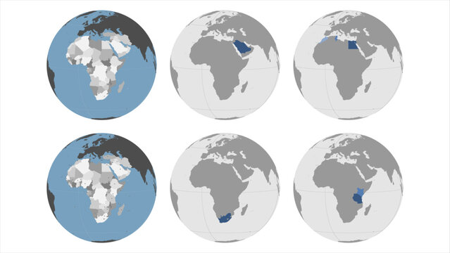Round Globe Vector Map with Africa, Middle East Countries highlighted and Capitals optionally mapped (see bottom left). Any country combinations could be highlighted. African Map. Middle East Map.