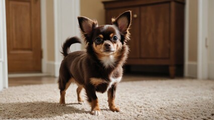 Chocolate long coat chihuahua dog in the living room