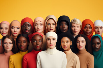 Multinational young girls in a raw looking at camera isolated in minimal background, Global people diversity concept, Christians' and Muslims religions concept art, lady in hijab cosmetics advertising