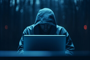 A hacker or scammer using laptop computer on dark technology background, phising, online scam and cybercrime concept. - obrazy, fototapety, plakaty