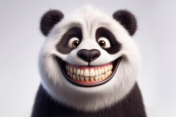 Fototapety  Photo of a funny panda with a big smile and big teeth on a white background. ai generative