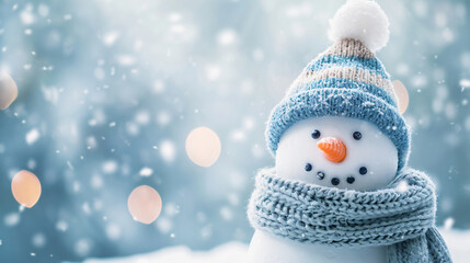 Cute Snowman in Hat and Knitted Scarf - Winter Background