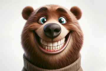 Portrait of a funny bear with a big smile and big teeth on a white background. ai generative