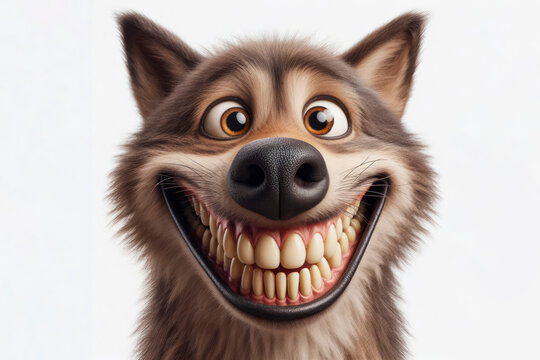 Photo of a funny wolf with a big smile and big teeth on a white background. ai generative