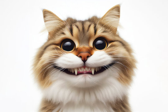 Portrait of a funny cat with a big smile and big teeth on a white background. ai generative