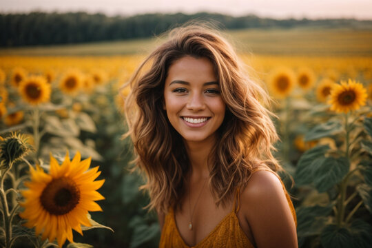 Young happy smiling woman opposite sunflower field on a sunny day. Generative AI.