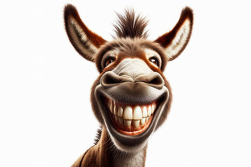 Portrait of a funny donkey with a big smile and big teeth on a white background. ai generative