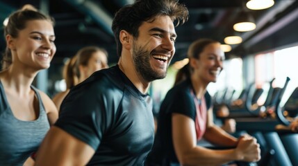 Fitness, sport, training, gym concept. Group of smiling people exercising in the gym - obrazy, fototapety, plakaty