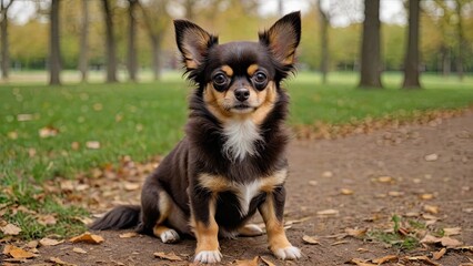 Chocolate long coat chihuahua dog in the park