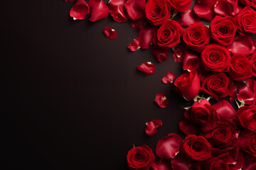 Red roses and rose petals on a black background with space for text.