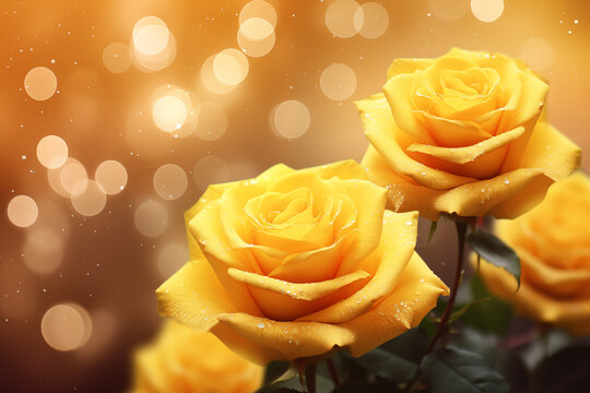 Yellow rose garden with yellow bokeh background and sparkling glitter.