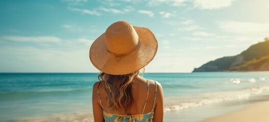 Woman in sunhat enjoying tropical beach view. Summer vacation and travel.