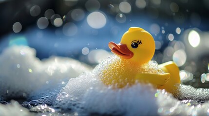 Yellow Rubber Ducky Floating on Foamy Surface