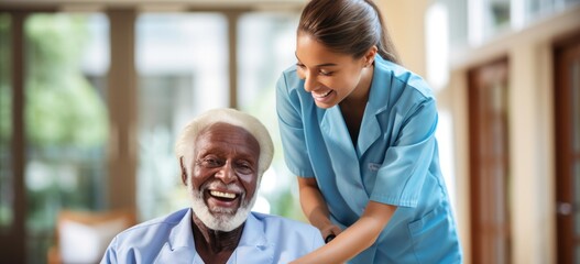 Caring nurse assists smiling elderly man in medical facility. Healthcare and support.