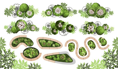 Top view elements for the landscape design plan. Trees and benches for architectural floor plans. Entourage design. Various trees, bushes, and shrubs. Vector illustration.