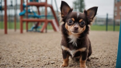 Chocolate long coat chihuahua dog in the playground