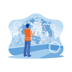 Business people use digital tablets with business icons and globes. High technology and communications. Concept of hi tech and communication. Trend Modern vector flat illustration