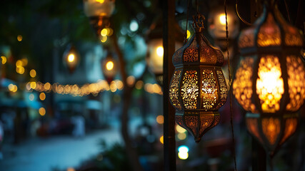 Ornamental arabic lantern and half moon. Ramadan background. - obrazy, fototapety, plakaty