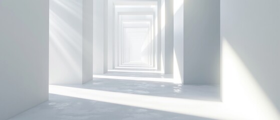 Obraz premium A bright, white abstract hallway with geometric patterns and light at the end, ideal for architectural and design concepts.